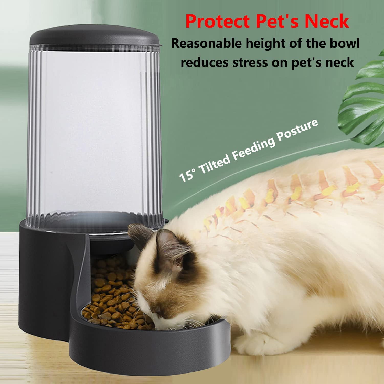 Automatic Cat Feeder, 3.8L Large Gravity Cat Food Dispenser with Detachable Top Lid, Visible Bottle and Stainless Steel Bowl for Pets (Full Black)