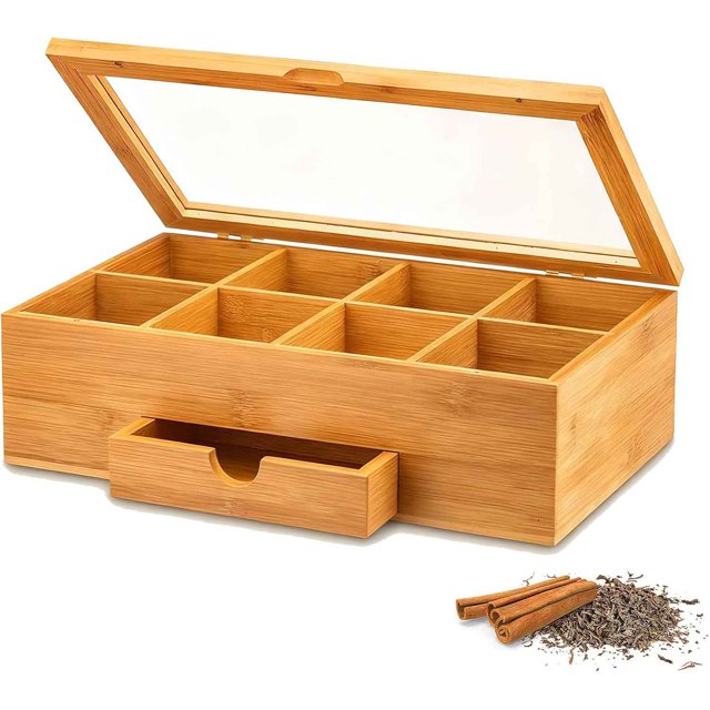 Caja Organizadora para Té de Bambú con 8 Compartimentos y Cajón, Cierre Magnético y Ventana Acrílica, para Organizar Bolsitas de Té, Hierbas y Joyas