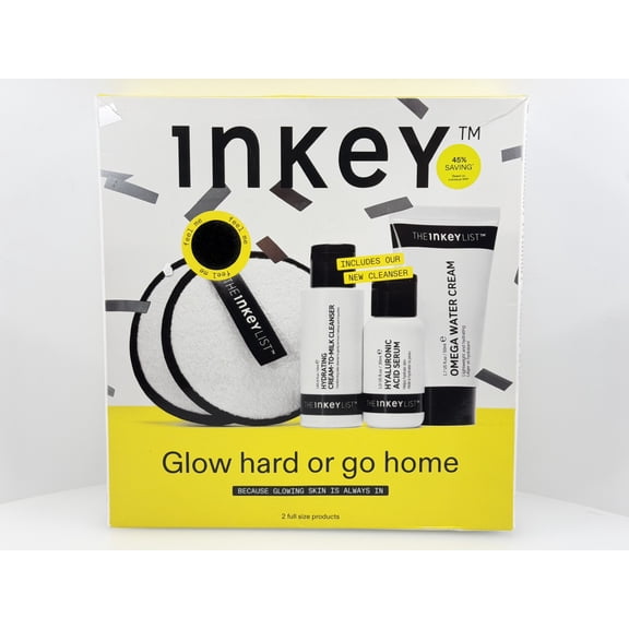 The INKEY List Glow Hard or Go Home Skincare Set, Cleanser, Hyaluronic Acid Serum & Omega Water Cream