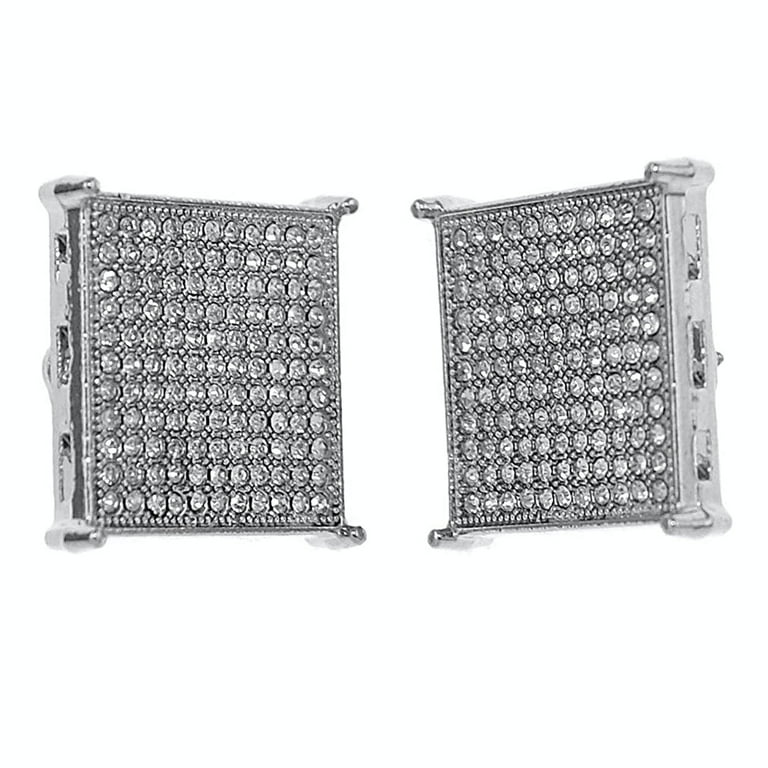 20mm Square Silver Finish Men's Earrings with Micro Pave 11