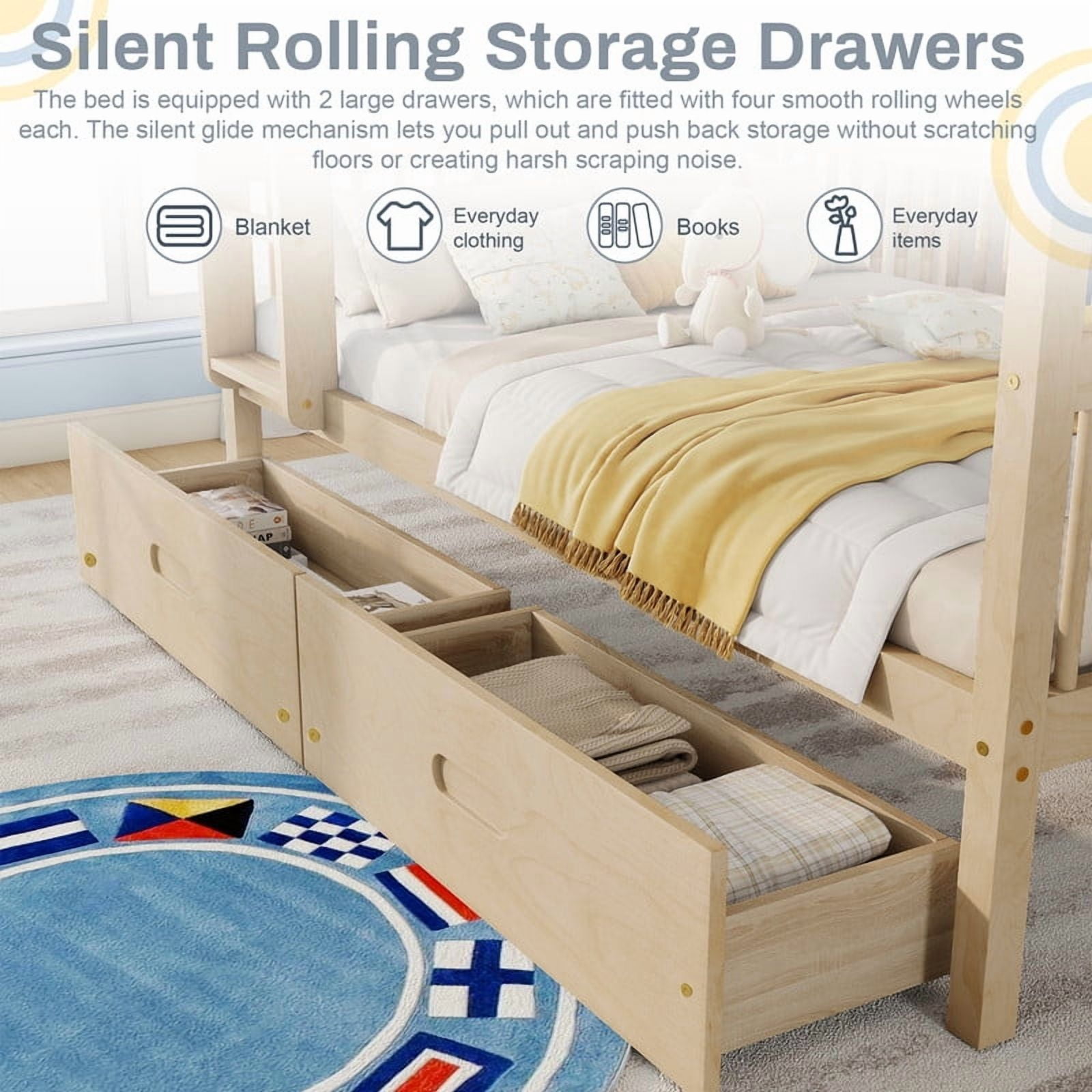 Twin-Over-Twin Wood Bunk Bed Convertible into 2 Platform Beds, Kids Storage Bed Frame with 2 Drawers, Ladder & Safety Guardrails