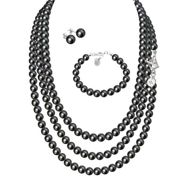 Set Collar Triple Aretes Pulsera Zvezda Plata 0.925 Mujer negro Unitalla
