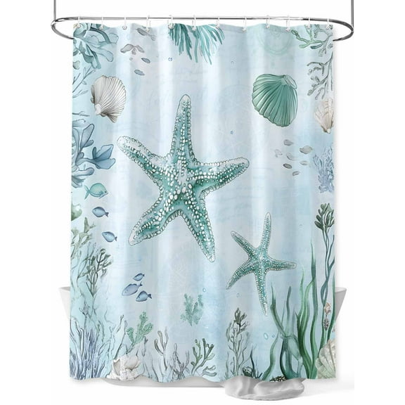Summer Ocean Shower Curtain, Coastal Starfish Shell Coral Bathroom Decor Curtains Set with Hooks, Turquoise Waterproof Fabric Home Accessories, 60 X 72 Inch Long