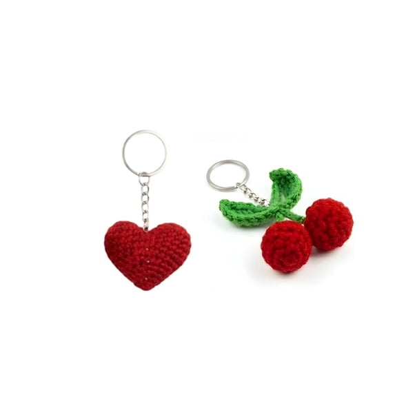 Handmade Crochet Cherry & Heart Keychain Set – Cute Soft Knitted Key Ring Charms for Bags, Keys & Gifts