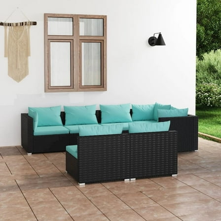 vidaXL 7 Piece Patio Lounge Set with Cushions Black Poly Rattan, 3102385