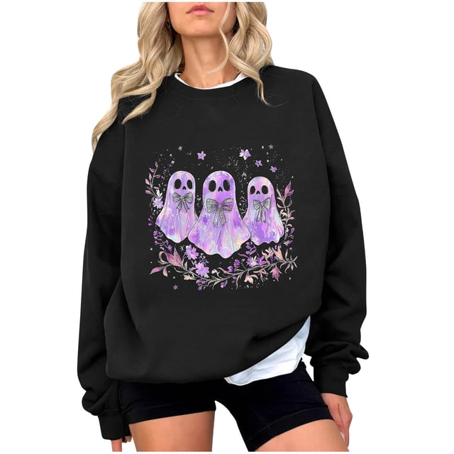 Chandail en Molleton Imprimé Fantôme pour Femmes Chandail Léger et Chaud Blouses Col Rond Manches Longues Ultra Doux Texturé Tenues de Printemps 2025 Chandail Automne Hiver Vêtements