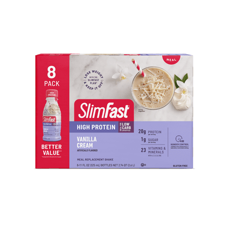 SlimFast High Protein Shake Meal Replacement Shake, Vanilla Cream, 11 Fl Oz Bottle, 8 Pack
