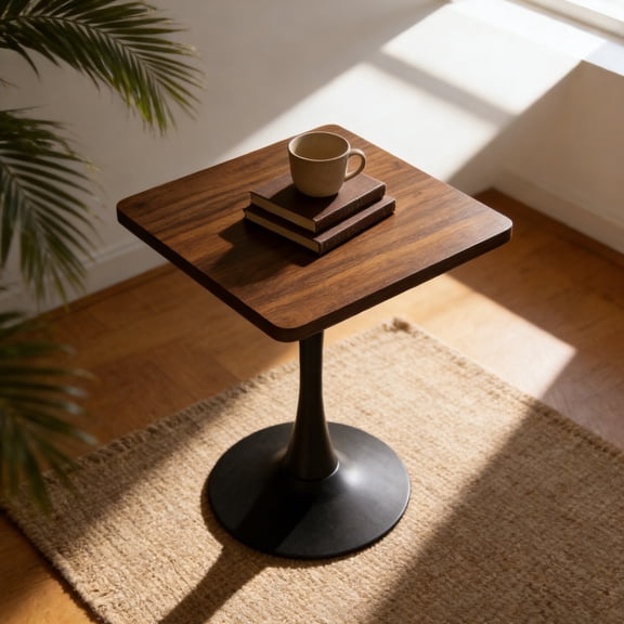 Miniyam 24" Small Square Dining Table for 2, Tulip Pedestal Kitchen Bistro Breakfast Table, Walnut Finish Top, Black Base