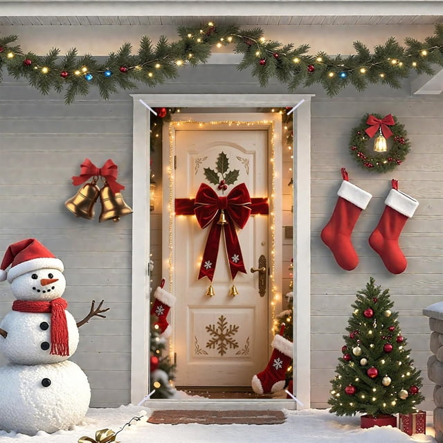 Christmas Door Cover Swag Hanging Banner, 3D Visual Background Wall Decoration for Holiday, Winter Year Round, Polyester Fabric, 73x35 Inches, Easy Install for Indoor Outdoor