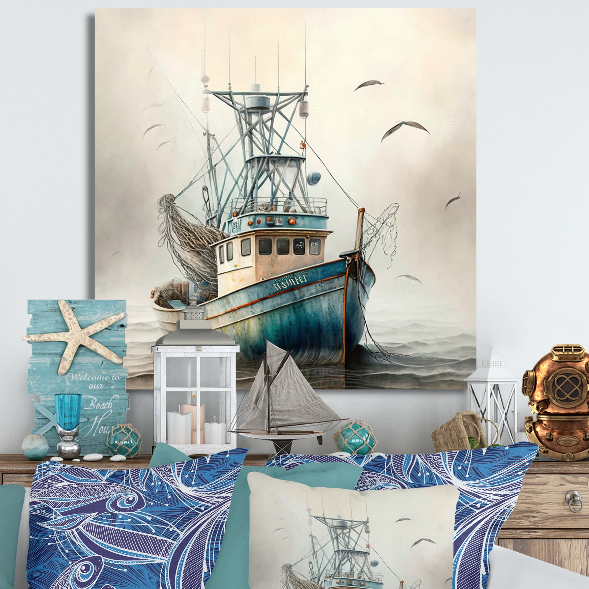 Designart Fisherman'S Boat On The Ocean II Canvas Wall Art