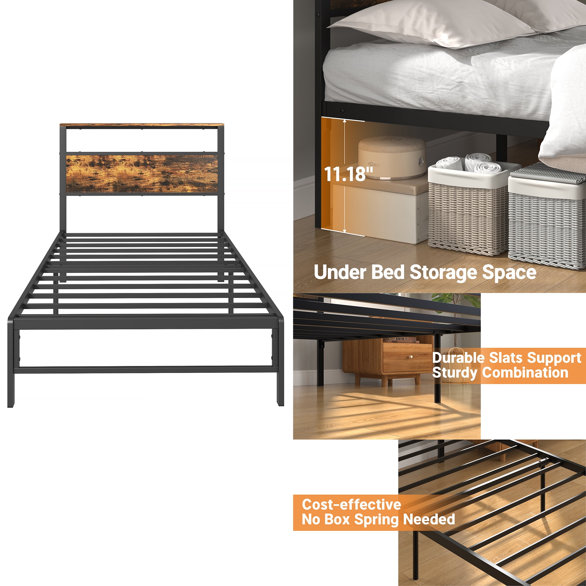 Yoneston Kids Twin Size Metal Platform Bed Frame with Storage Headboard, 12" Mattress Foundation for Childs Adults, Caramel Brown