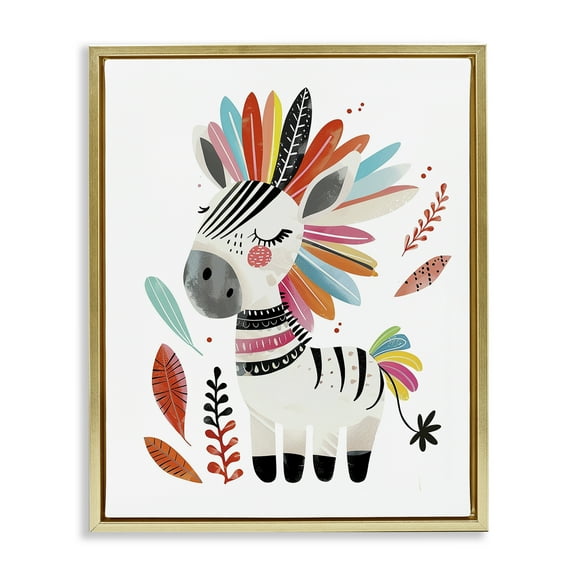 Stupell Industries Rainbow Blooms Zebra Animals Painting Gold Floater Framed Canvas Art Print Wall Art, 25 x 31