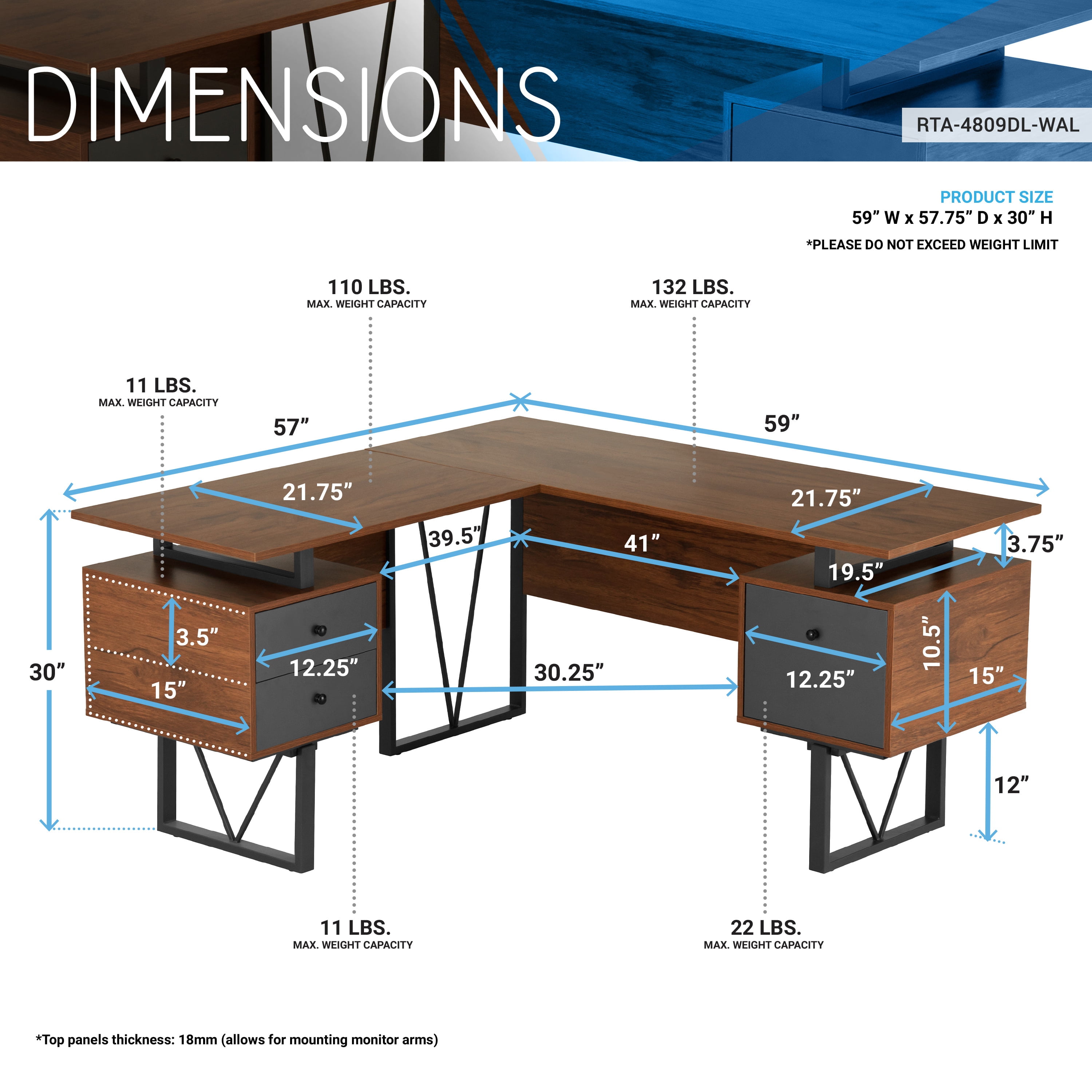 Techni Mobili Reversible L-Shape Computer Desk with Drawers and File Cabinet, Walnut/Gray RTA-4809DL-WAL