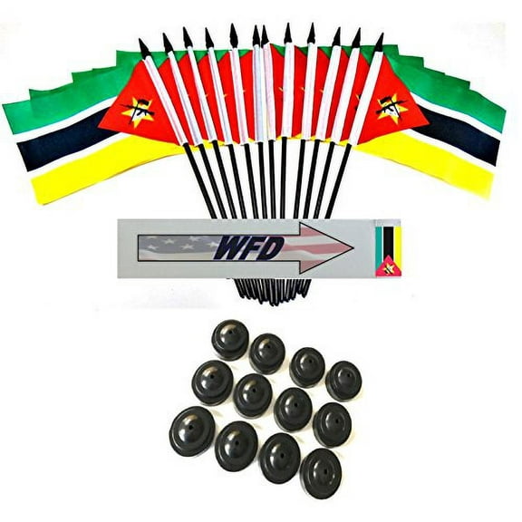 Pack of 12 4"x6" Mozambique Polyester Miniature Office Desk & Little Table Flags, 1 Dozen 4"x 6" Mozambique Small Mini Handheld Waving Stick Flags with 12 Flag Bases (Flags with Stands)