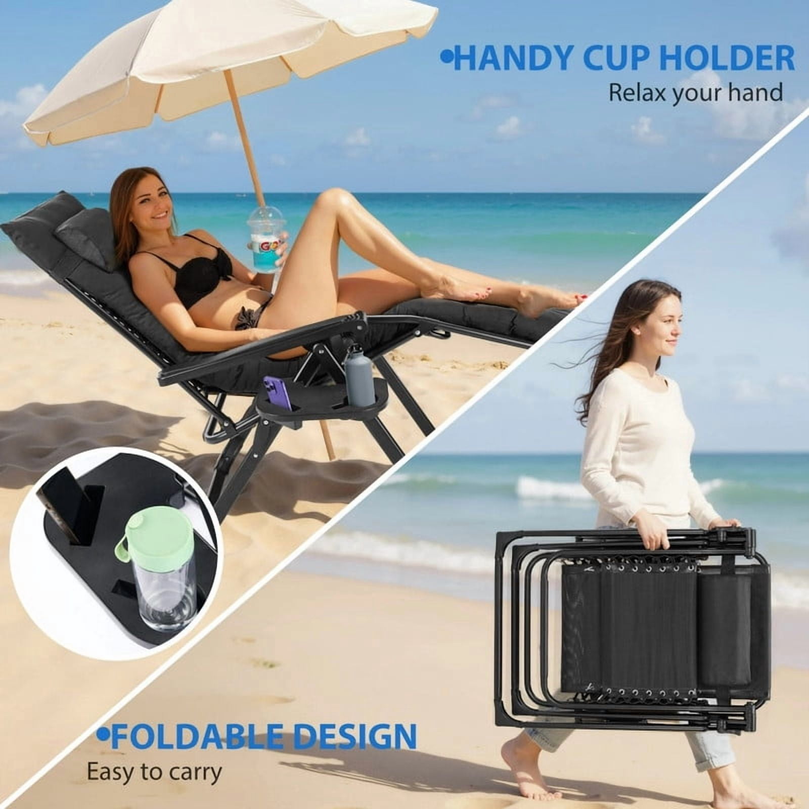 Kelno Padded Recliner Chair Zero Gravity Camping Chair Holder Trays Outdoor Portable Patio Lounge Chair with Removable Cushion Headrest Cup, Black