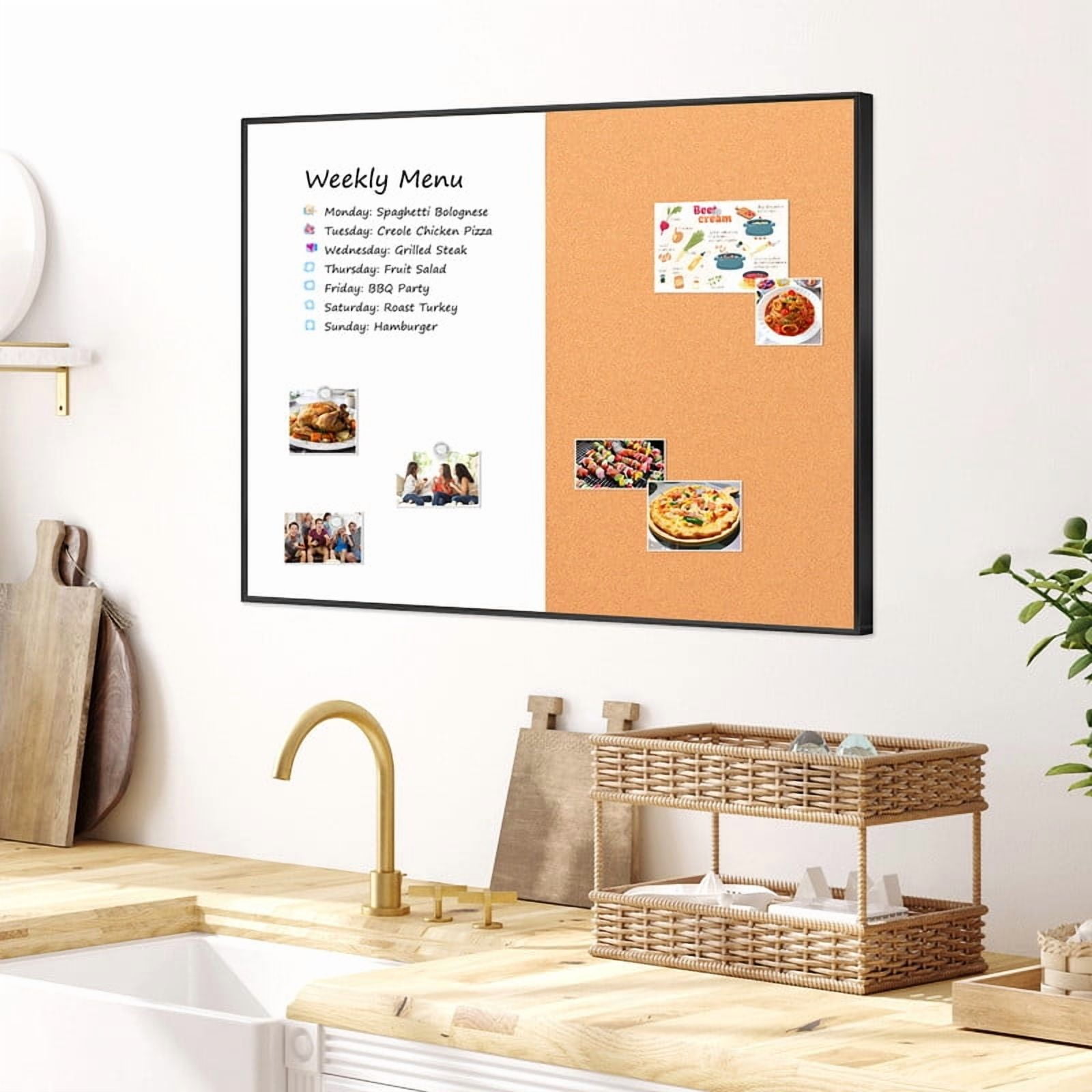 Combination Magnetic Whiteboard Cork Bulletin Board, 36" X 24" Combo Dry Erase White Board for Wall Cork Pin Board for Home Office Wall Mounted, Include 2 Markers, 6 Magnets, Eraser and Push Pins