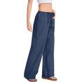 thumbnail image 4 of Women Cotton Linen Summer Palazzo Pants Drawstring Waist Wide Leg Lightweight Beach Trousers with Pockets, 4 of 10