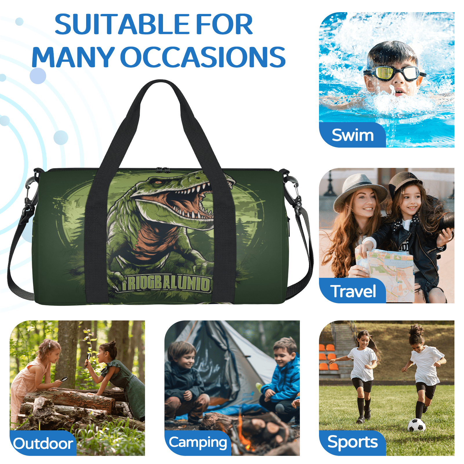 Herdesigns Dinosaur Travel Duffle Bag Sports Yoga Weekender Overnight Carry on Workout Bags Lightweight Waterproof Gym Tote Bag for Women