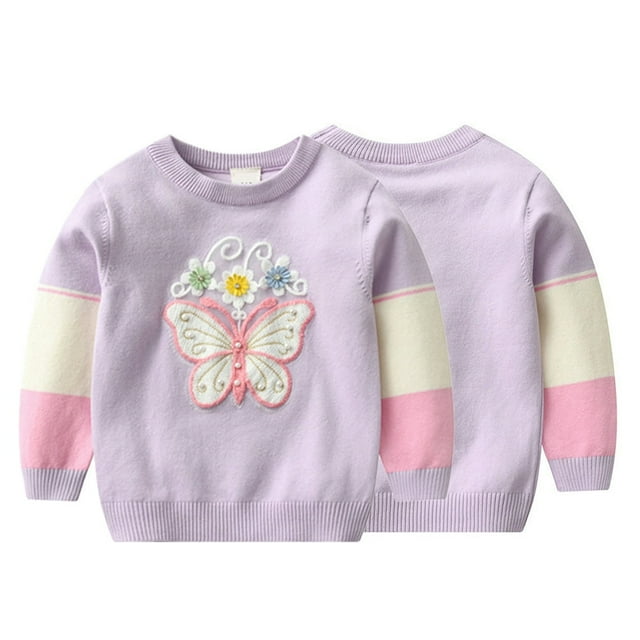 Chandail en Tricot Torsadé Papillon pour Filles Tout-Petits 1-7 Ans, chandail en Coton d'Hiver pour Enfants, Chandail à Manches Longues Col Rond pour Bébé