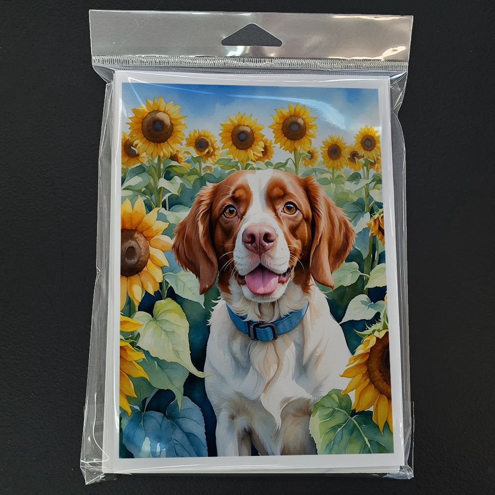 Brittany Spaniel in Sunflowers Greeting Cards Pack of 8 7 in x 5 in