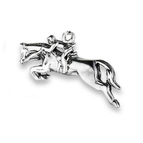 Sterling Silver 20" Unisex 1.5mm Box Chain Steeplechase Rider On Left Jumping Horse Pendant Necklace