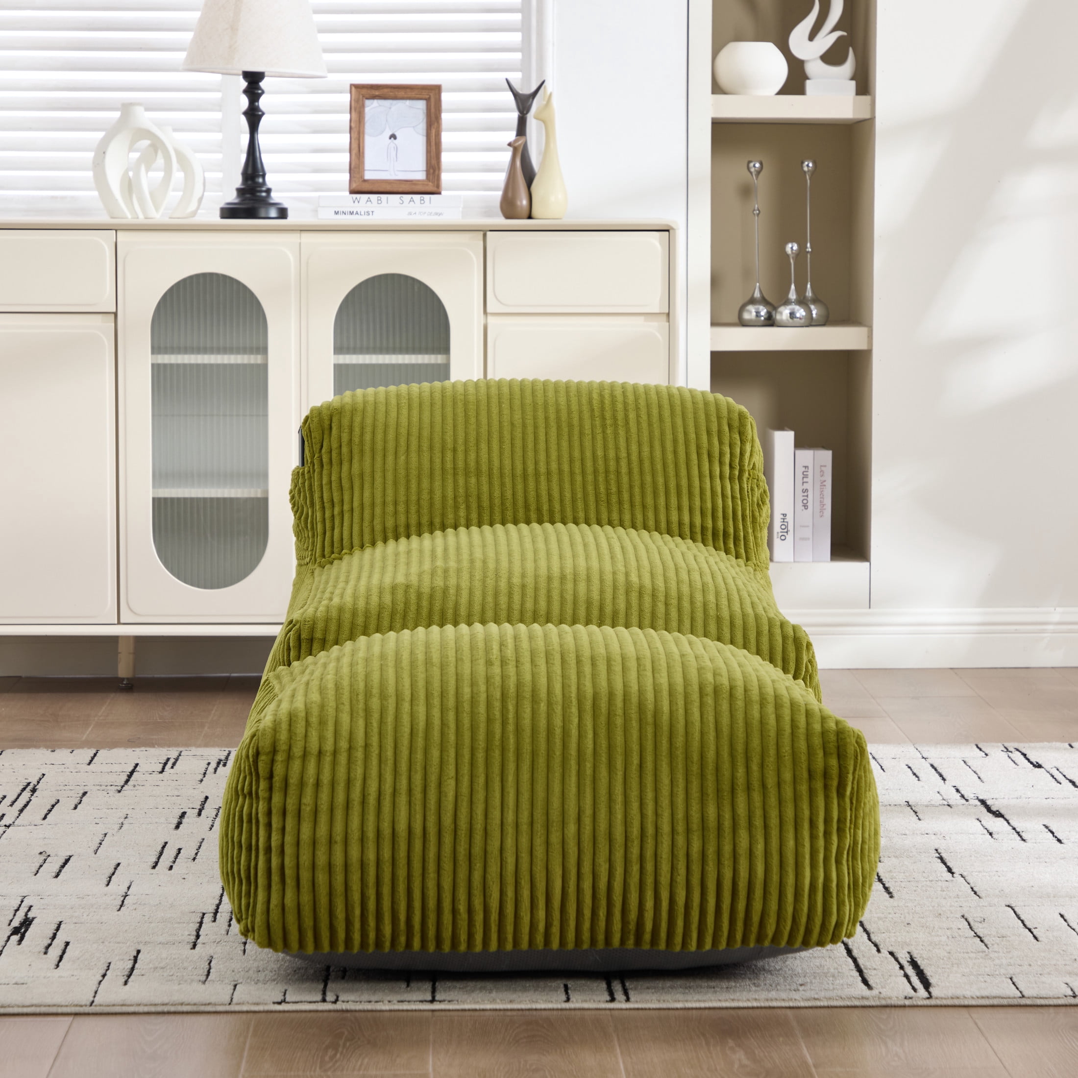 Noble House Corduroy Bean Bag Lounge Chair with Ottoman, Memory Foam Bean Bag Sofa, Olive
