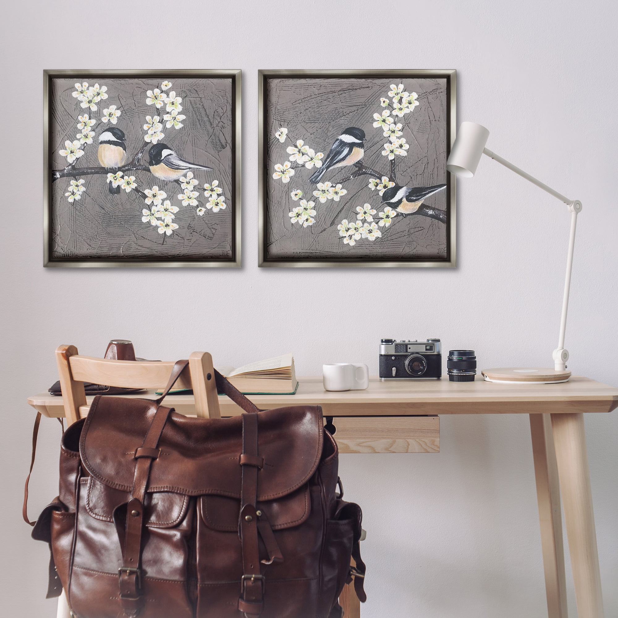 Stupell Industries Chickadee Birds Flowering Branch Animals Painting Gray Floater Framed Canvas Art Print Wall Art, 25 x 25, Set of 2