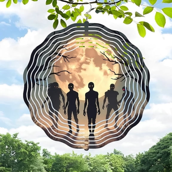 3D Metal Hanging Wind Spinners - Design with Silhouetted Figures in Forest - Perfect for Yard and Garden Decor Full Moon Effect