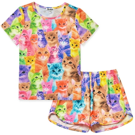 

Jxstar Pajamas Girl Sleepwear Kid Cute Cat Print Cotton Set Teen Summer Short Sleeves