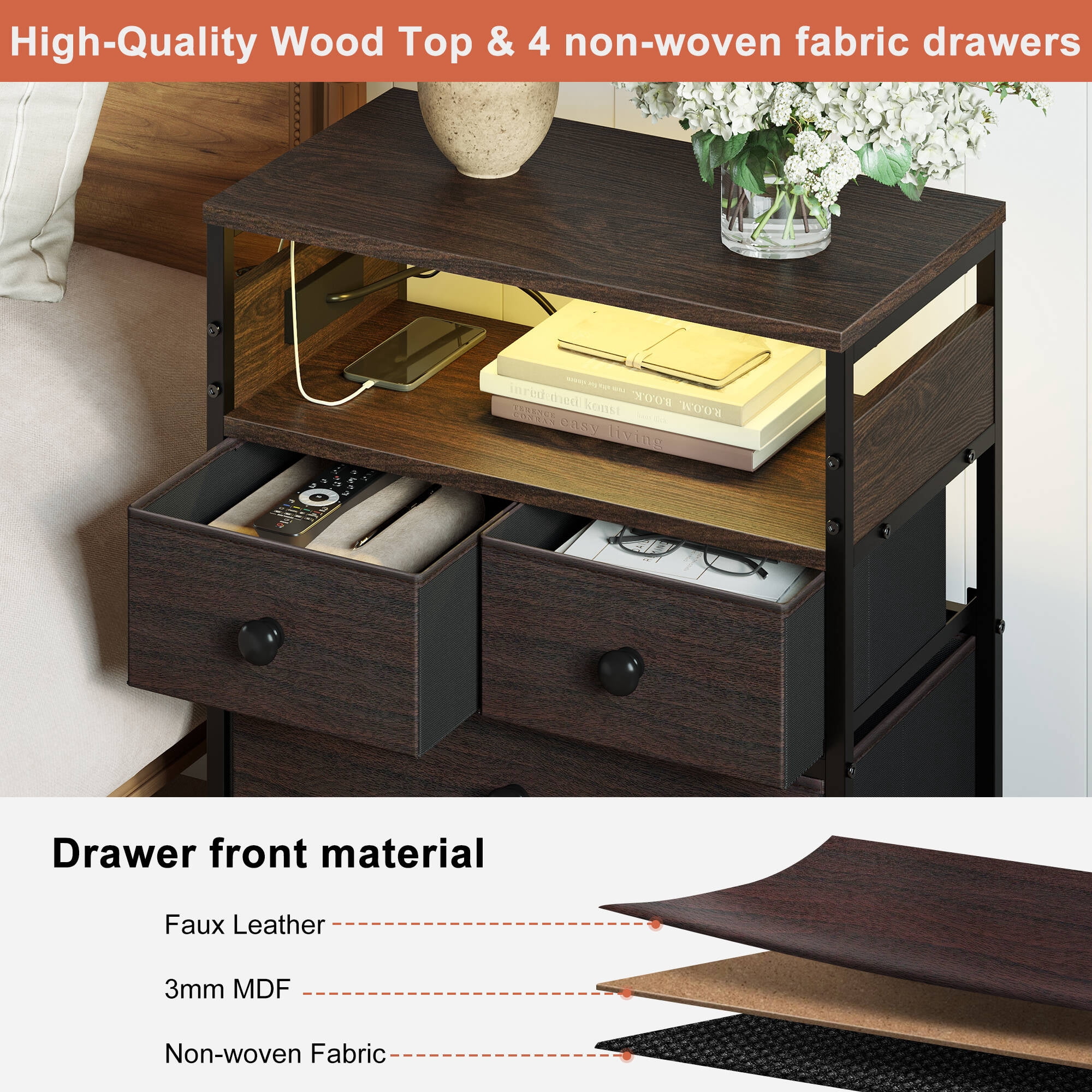 GUNAITO Led Nightstand Set of 2 with 4 Drawers Bedside Table with Charging Station Wide End Table with Storage Shelf for Living Room,Brown