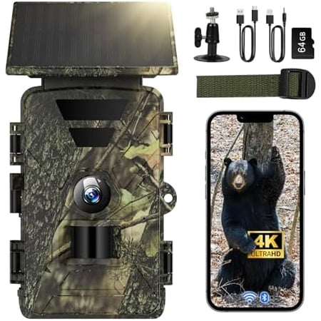 Solar Trail Camera WiFi 4K 60MP with 64GB Memory Card Game Cameras with Night Vision Motion Activated Waterproof Trigger Speed Trail Cam Wide Angle Wildlife Camera for Backyard and Outdoor$$Other