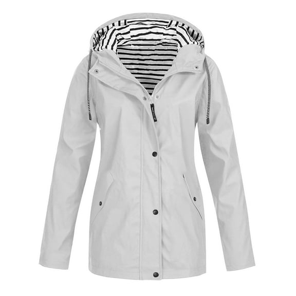 RYRJJ Raincoat for Women Striped Lined Waterproof Rain Jacket with Hood Outdoor Lightweight Windbreaker Travel Jackets(White,L)