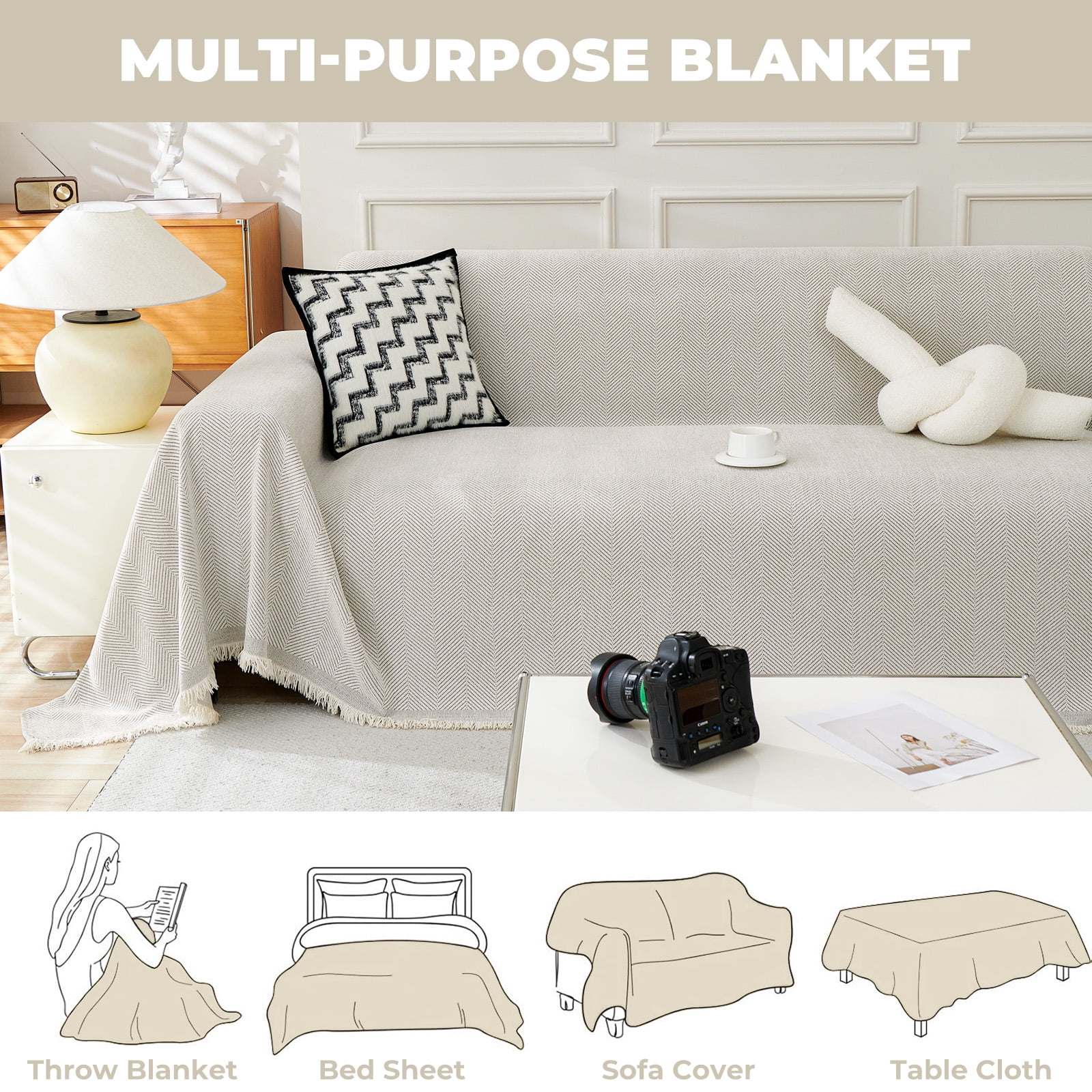Sanmadrola Sofa Cover Non Slip Couch Cover for 3 Cushion Couch Machine Washable Furniture Protector for Dogs Pet Chenille Throw Slipcover Blanket for Living Room (Off White, 91"x134")