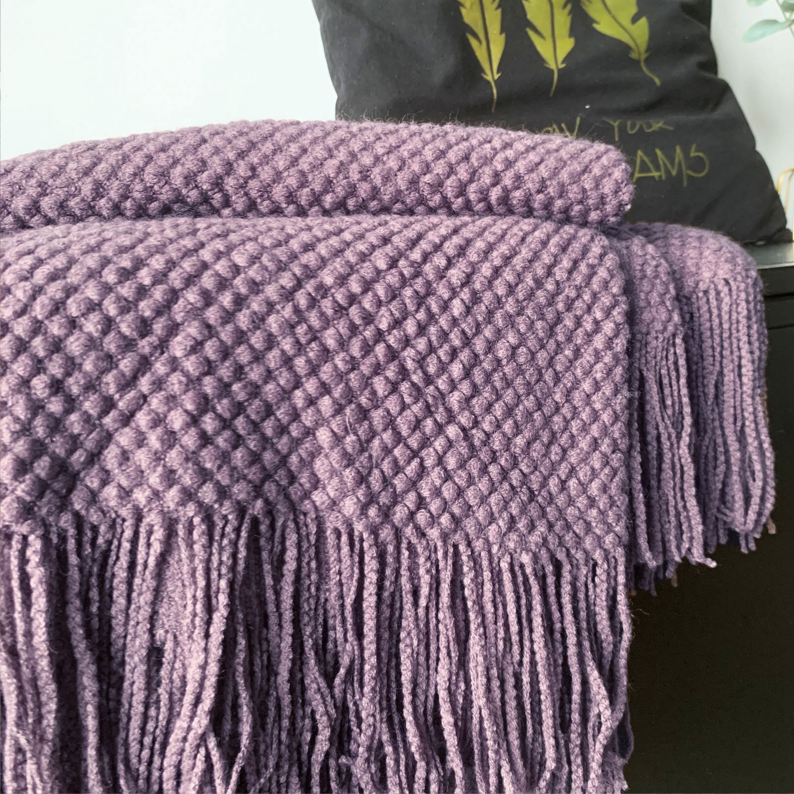 LOMAO Knitted Throw Blanket with Tassels Bubble Textured Lightweight Throws for Bed,Chair,Sofa,Living Room,Home Decor (Pale Lavendar,50*60 in)