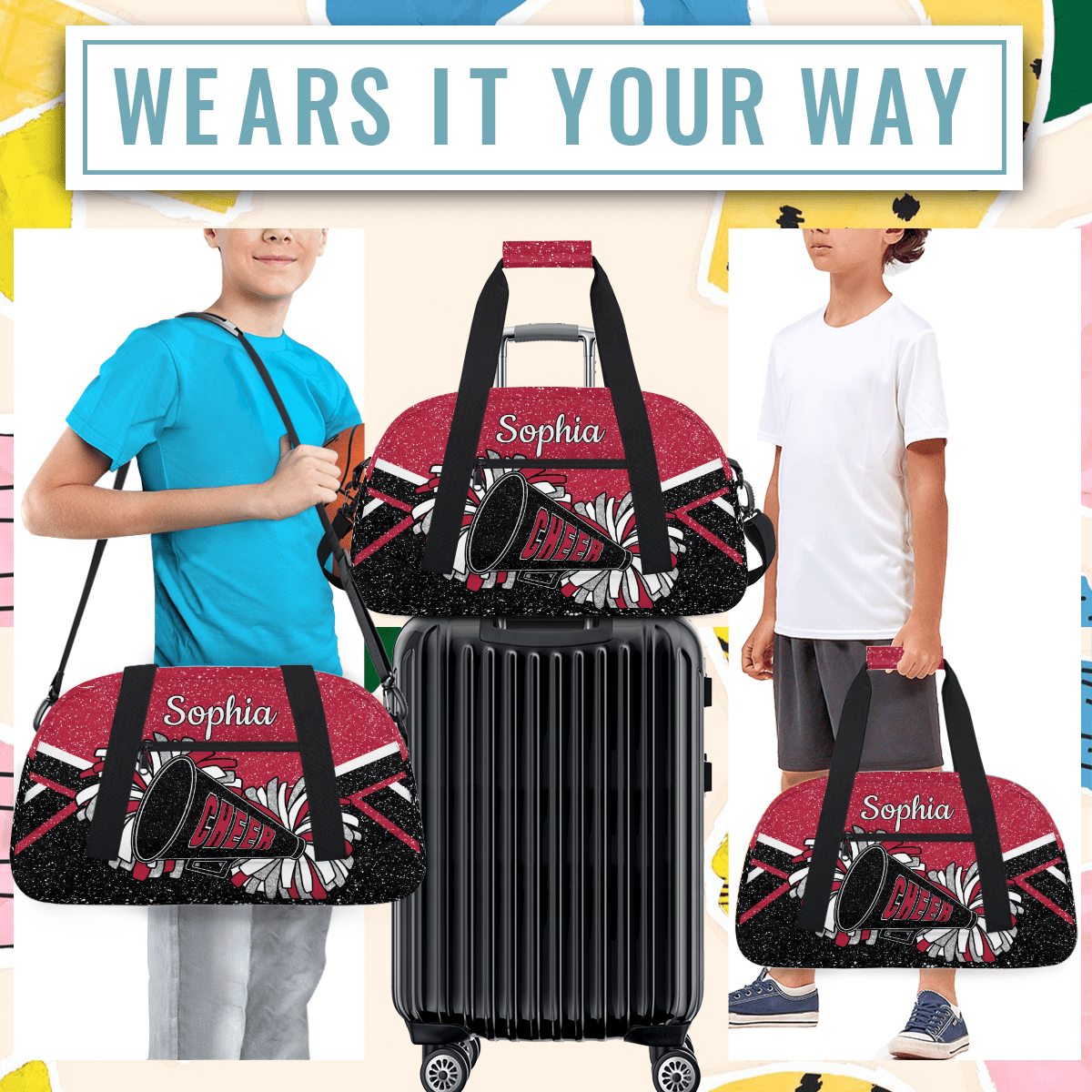 Jiaoprinted Personalized Cheer Bag for Women, Custom Sport Duffel Bag with Name, Customized Gym Bag, Weekender Overnight Bag, Cheerleading Gifts, Black Red Glitter