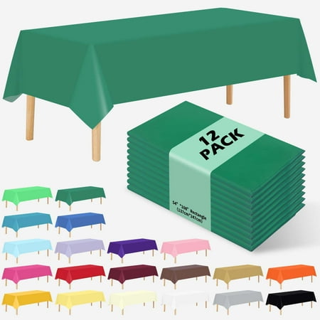 12 Pack Premium Disposable Plastic Tablecloth 54 X 108 Rectangle Table Cover for Birthdays Weddings Christmas Anniversary Buffet Table Green