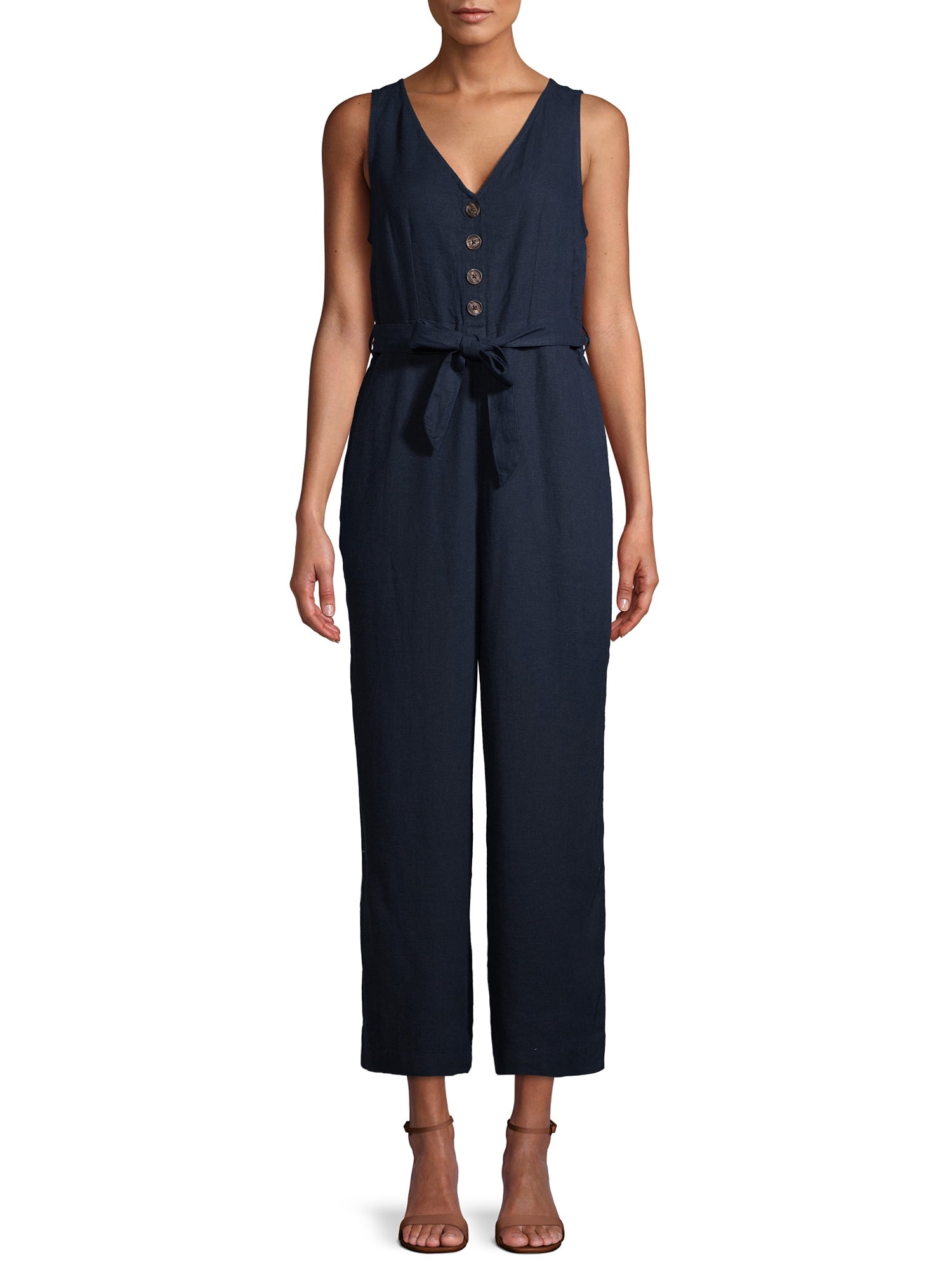 Time and Tru Time and Tru Women's Sleeveless Linen Jumpsuit with Tie