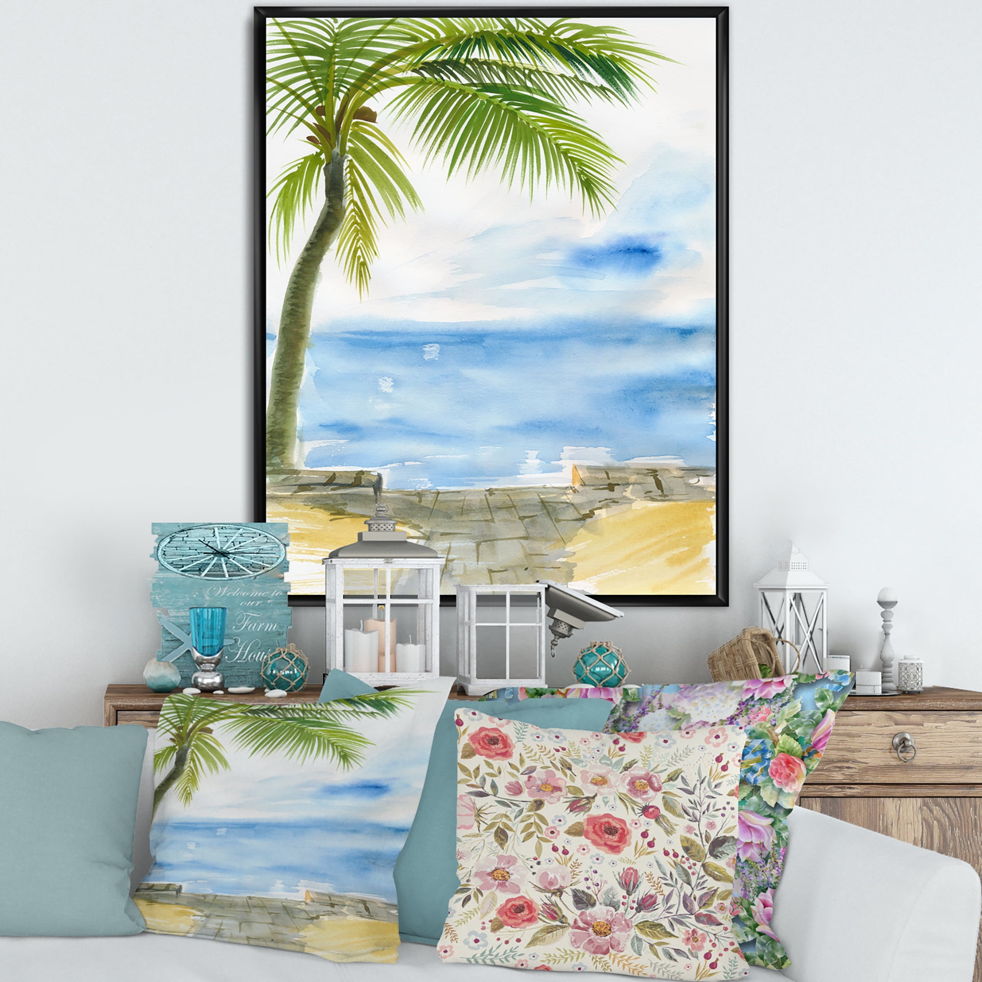 Designart 'Palm Beach Resort At Sunrise II' Nautical & Coastal Framed Canvas Wall Art Print
