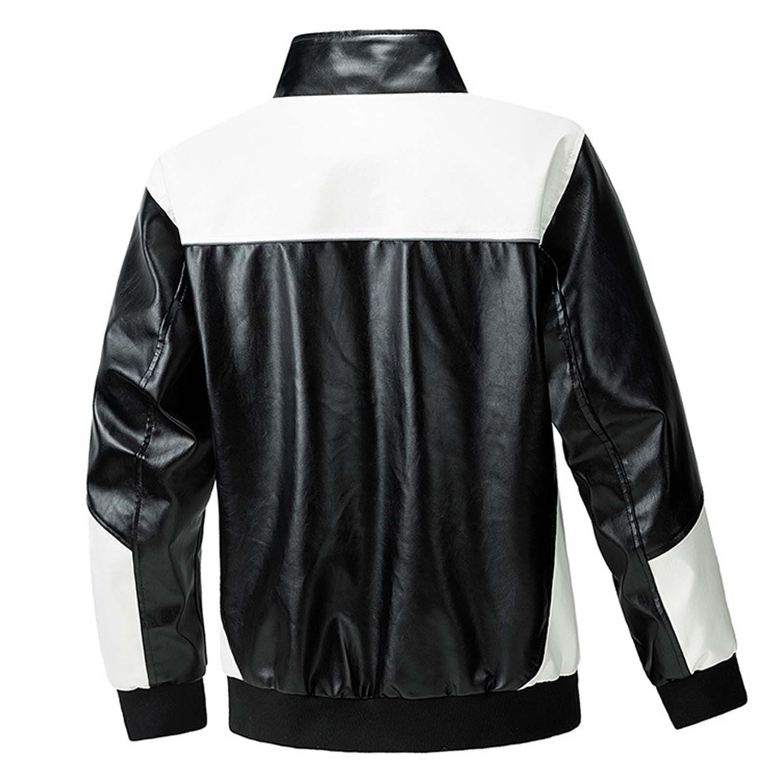 YLSDY Men Patchwork PU Leather Jacket Motorcycle Coat Bomber Retro Color Block Print Waterproof Outwear Streetwear Black XXXL