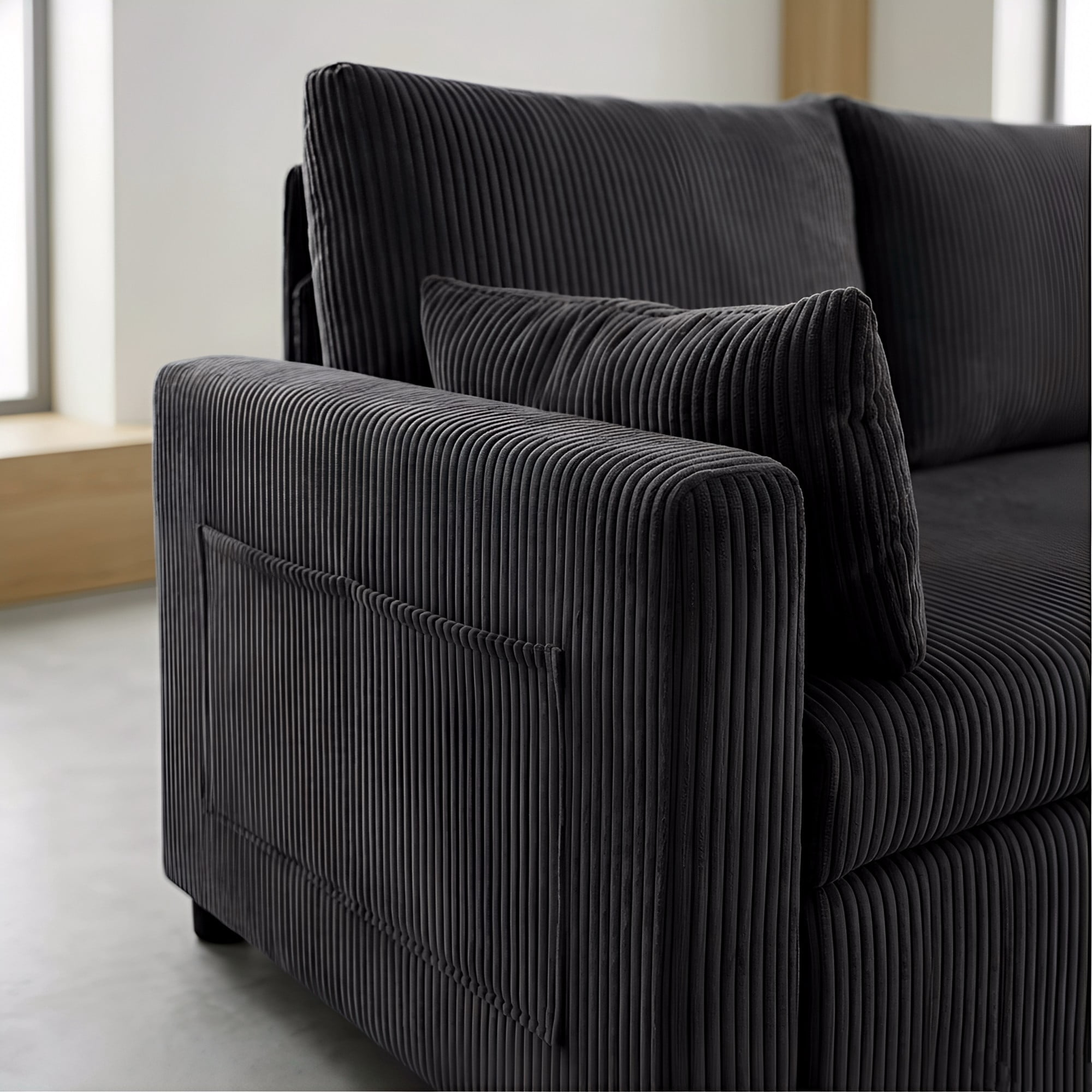 Gewnee L-Shaped Corduroy Convertible Sleeper Sofa Bed with Storage Chaise, 3-Seater Corduroy Sectional Couch for Small Living Room Apartment Office Black