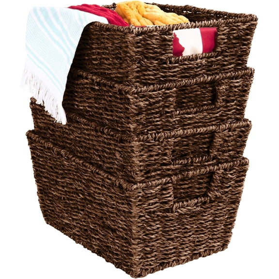 NeoNiches Rustic Set Of 4 Multipurpose Stackable Seagrass Storage Basket, Handwoven Laundry Organizer Totes for Bedroom and Living Room, Shelves, Pantry w/Insert Handles - Brown