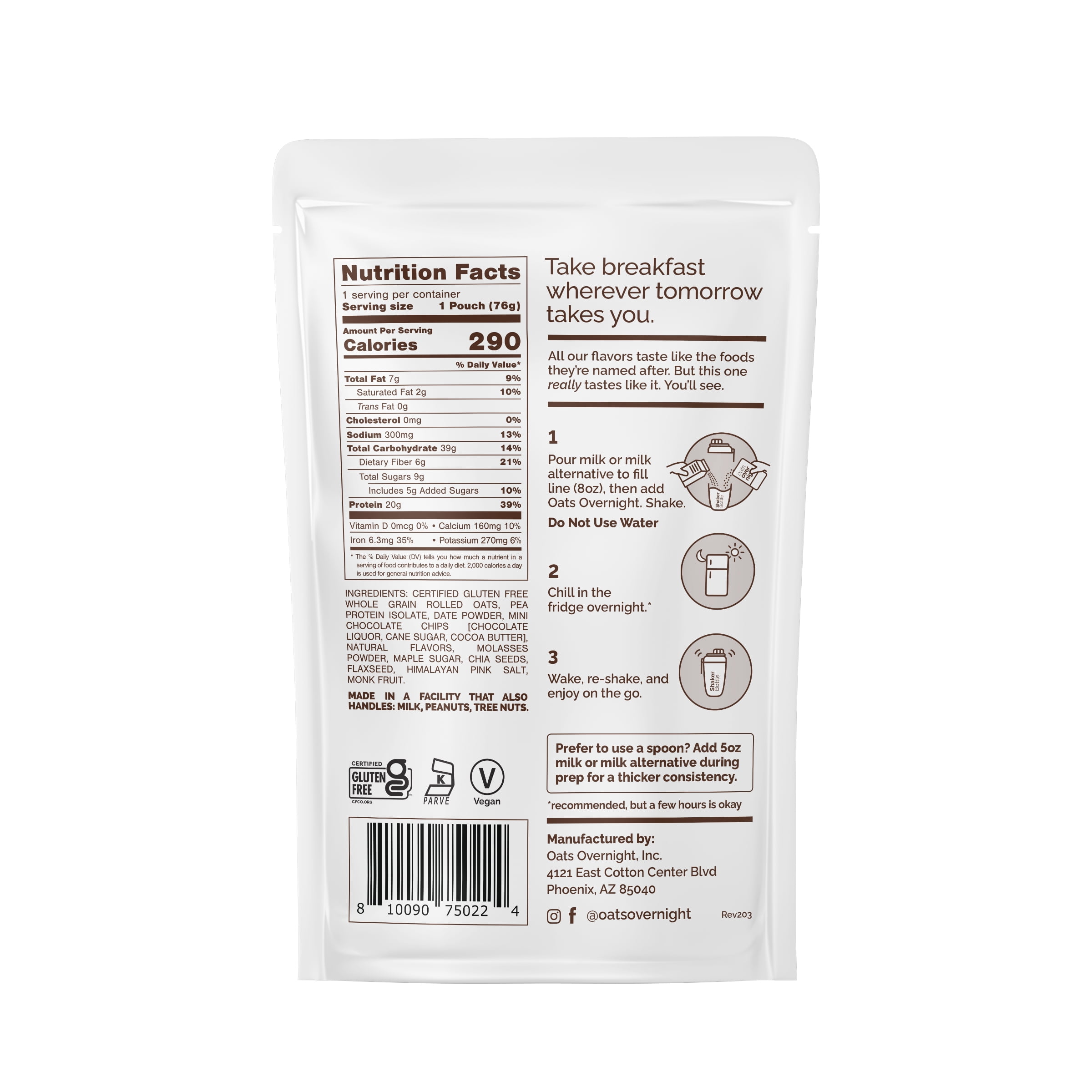 (10 pack) Oats Overnight Chocolate Chip Cookie Dough, High-Protein Oatmeal Shake, 2.6oz, 1 Pouch