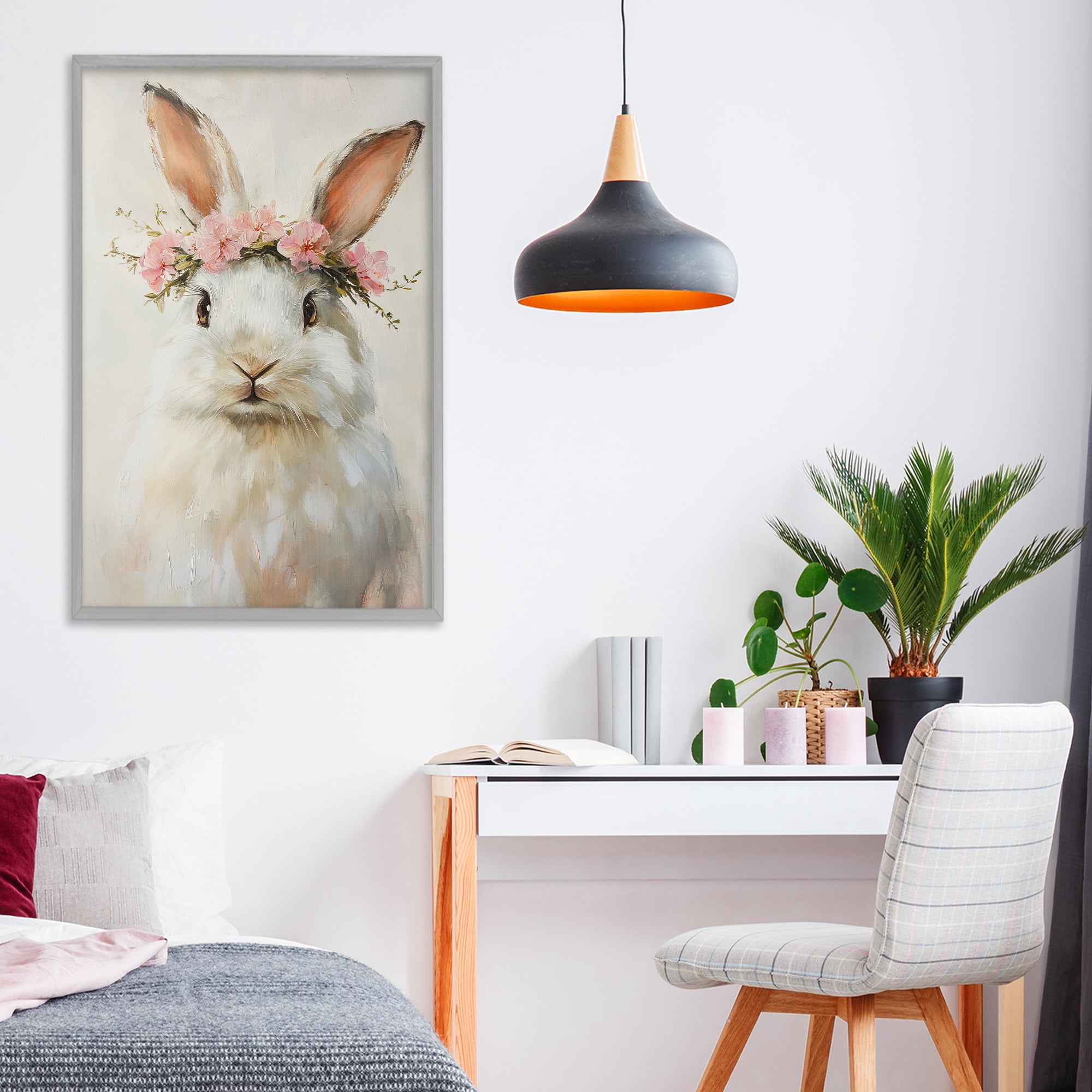 Stupell Industries Bunnykins with Pink Crown Gray Framed Giclee Art, design by Tina LeCour