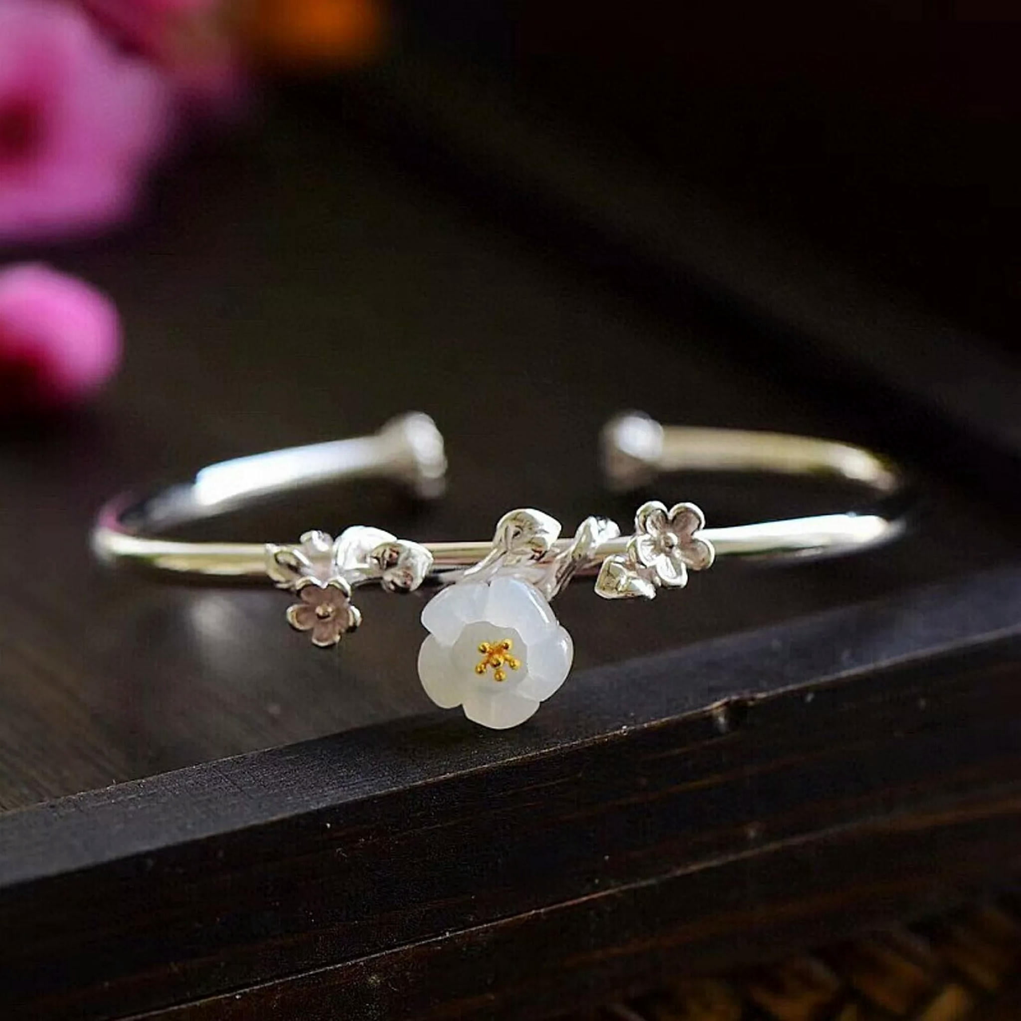 HOOUN 1PCS Pure S925 Sterling Silver Bangle Nephrite Jade Women Flower Cuff Bracelet