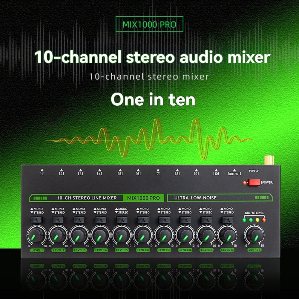 Professional 10 Channel Sound Mixer Low Noise LED Sound Mixer with RGB Light for Sub-Mixing Stereo Switcher US Plug