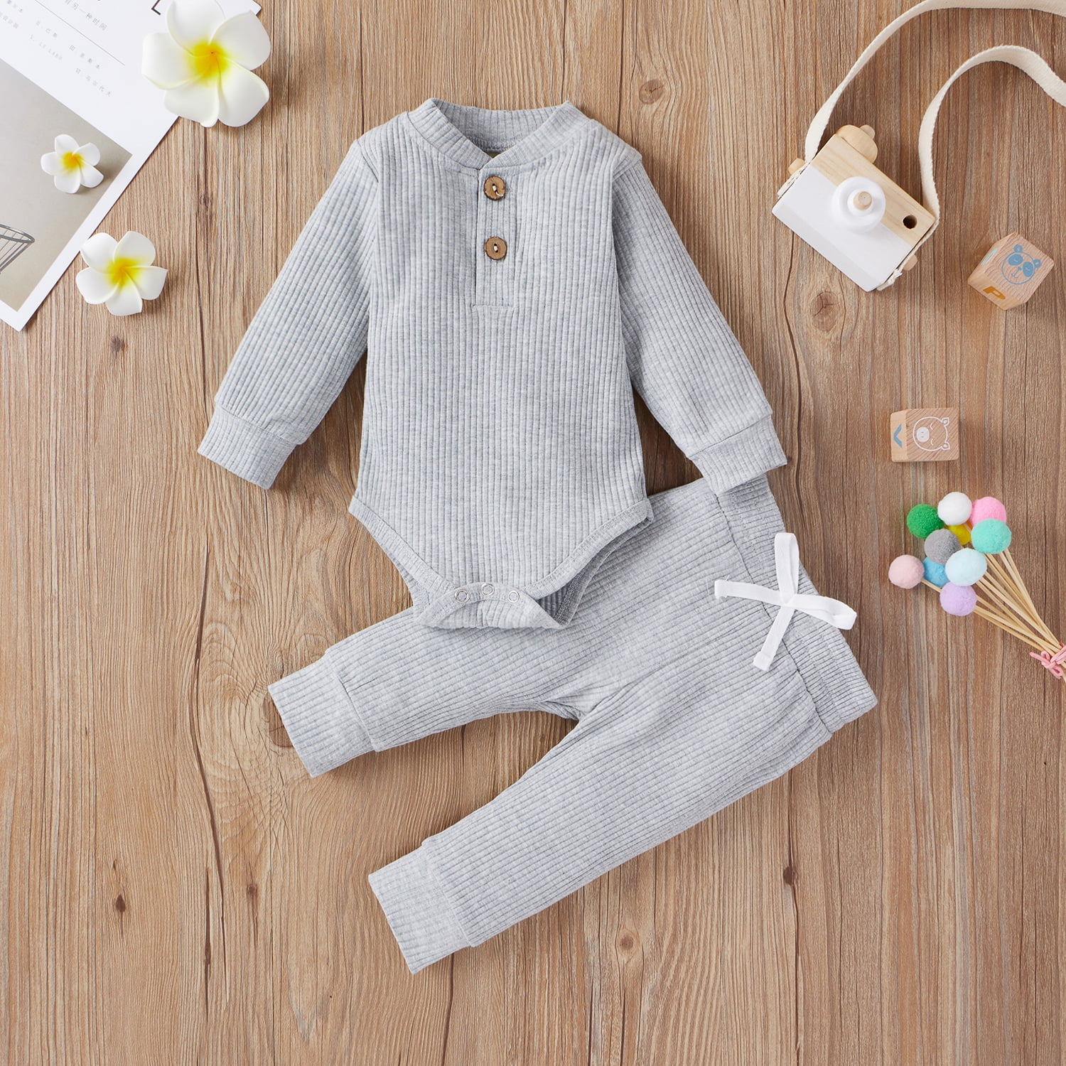 3-piece Baby Boy Sun Print Button Design Ribbed Long-sleeve Romper, Elasticized Pants and Cap Set