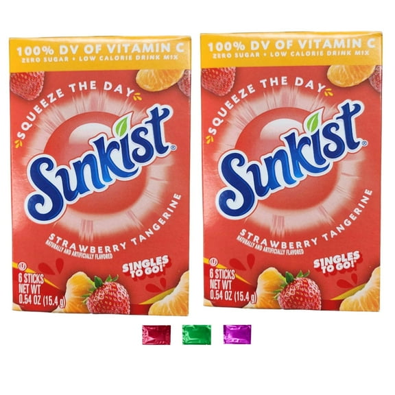 Sunkist Strawberry Tangerine Drink Mix Sticks 2 Boxes, Sugar-Free Single Drink Mix Packets with 100% Vitamin C Low Calorie for Hydration Gym Travel Refreshment w/ Snoep in Beperkte Oplage