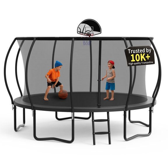 KOFUN Trampoline, 14FT Trampoline for Kids and Adult, Trampoline with Safety Enclosure Net, Ladder, Basketball Hoop, Outdoor Trampoline, 1400LBS Weight Capacity, No Gap Design