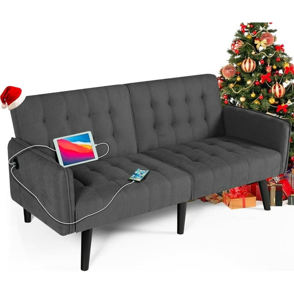 TYBOATLE 65“ Convertible Futon Sofa Bed w/ 2 USB, Upholstered Tufted Small Adjustable Folding Couch Loveseat, Modern Mid Century Sleeper Sofa for Living Room, Bedroom, Apartment, Office (Dark Grey)