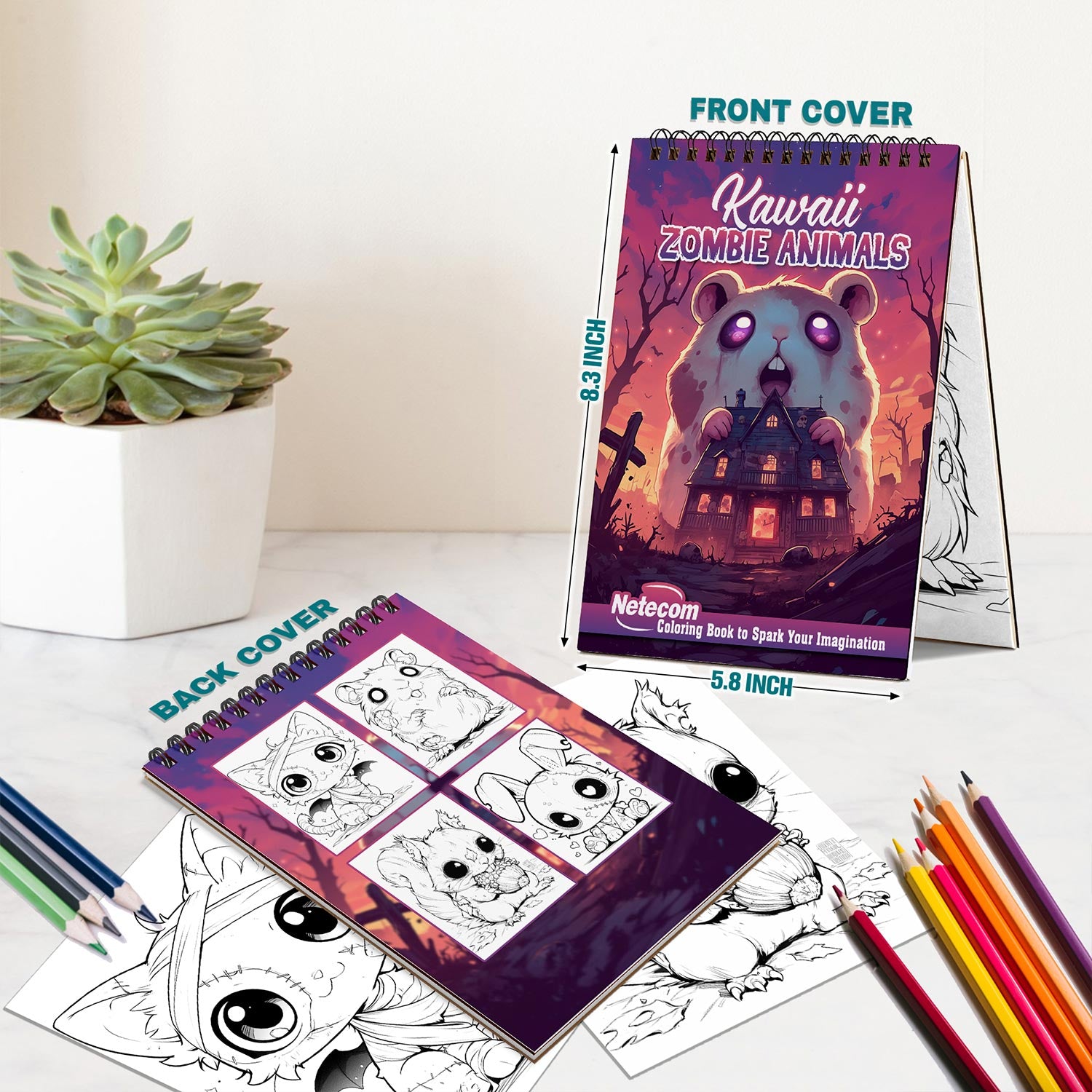 Netecom Kawaii Zombie Animals Coloring Book Spiral Bound for Adults, A5 Wooden Cover, 30 Cute Coloring Pages of Zombie Creatures for Stress Relief and Relaxation